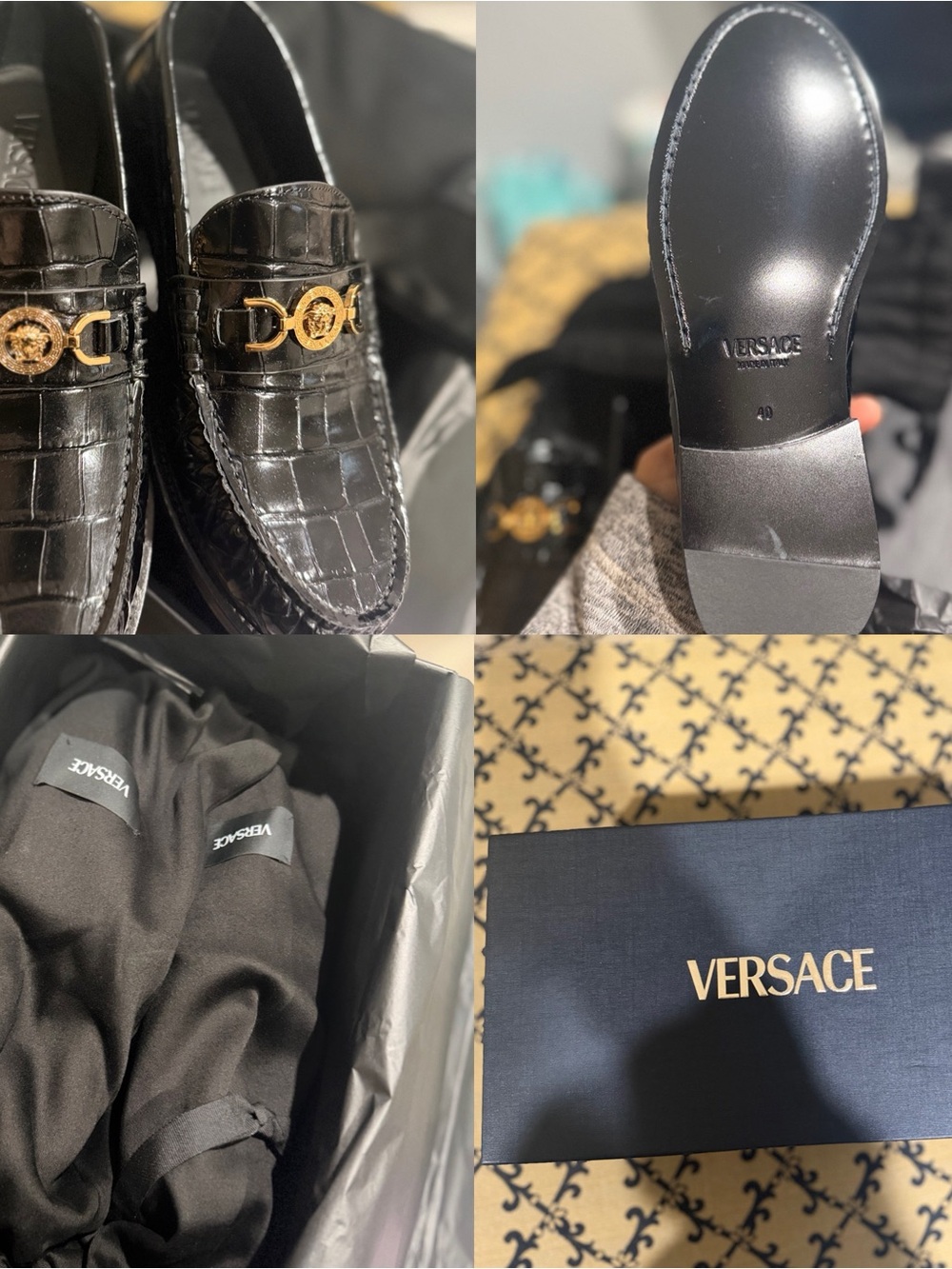 Versace Black Croc-Embossed Leather Loafers with Gold Medallion Accent